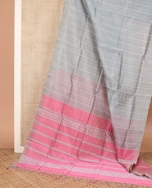 Borderless grey thread striped Mangalagiri cotton saree, contrast pallu woven with thread stripes