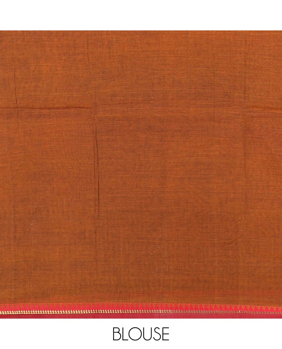 Brown plain Narayanpet cotton saree, contrast temple border, and striped pallu