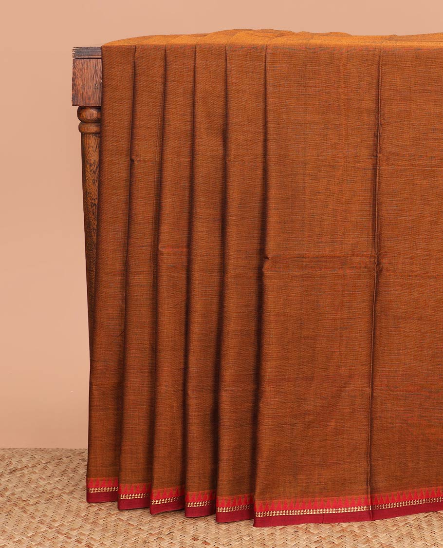 Brown plain Narayanpet cotton saree, contrast temple border, and striped pallu