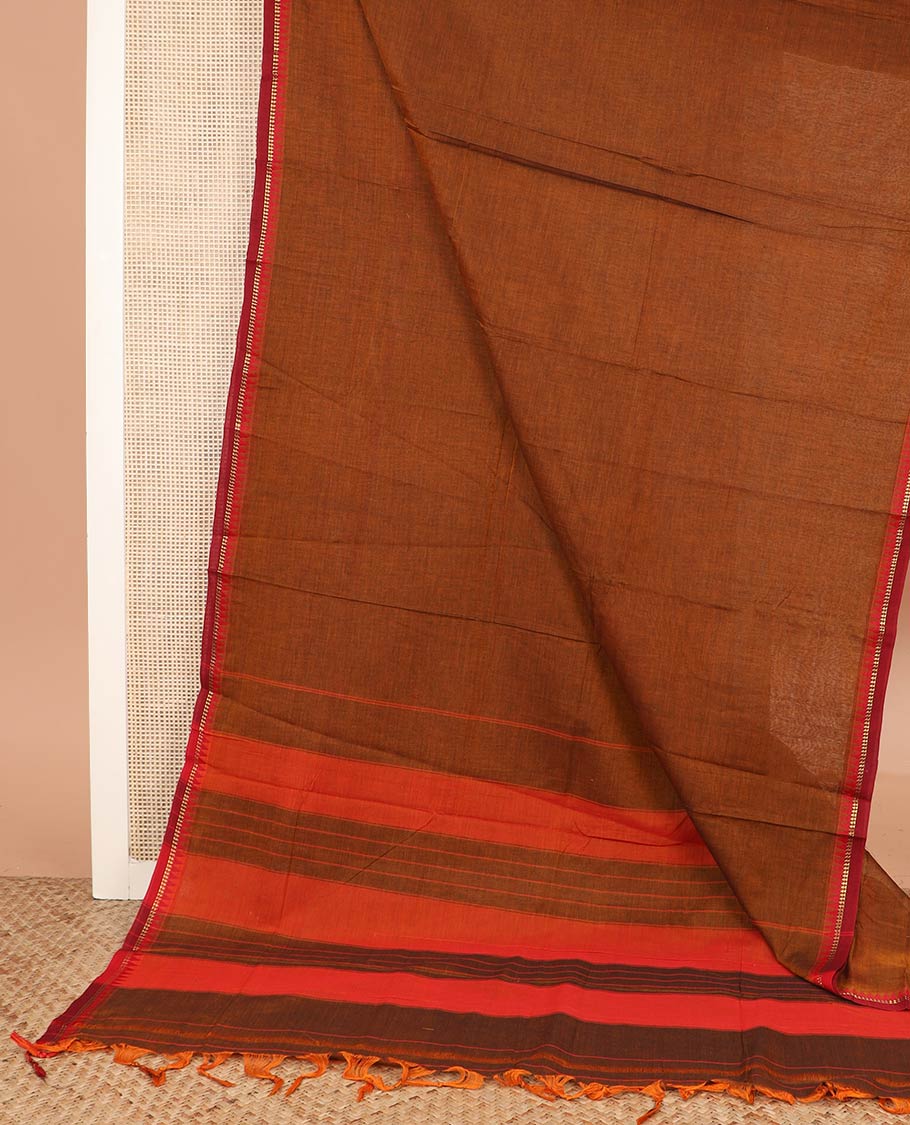Brown plain Narayanpet cotton saree, contrast temple border, and striped pallu