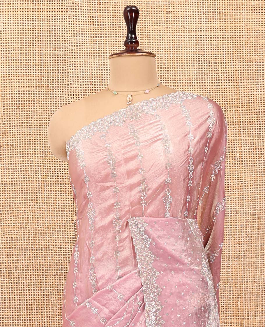 Pink Designer Saree, Meticulously Crafted with Stone Work All Over Its Body, Scallop Embroidered Border, Intricately Embroidered Pallu, and Paired with a Matching Blouse