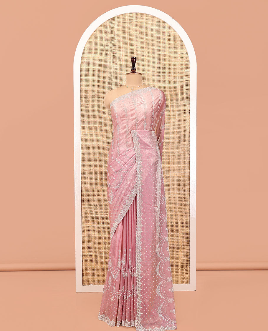 Pink Designer Saree, Meticulously Crafted with Stone Work All Over Its Body, Scallop Embroidered Border, Intricately Embroidered Pallu, and Paired with a Matching Blouse