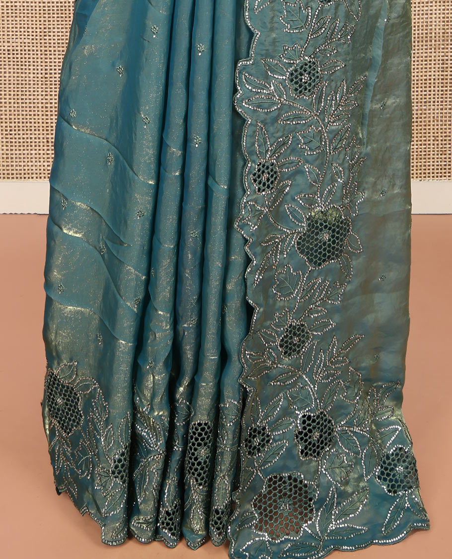 Peacock Blue Designer Saree, Spotlighted with Stonework, Scallop-Cut Stonework Border, Self Pallu, and Matching Blouse