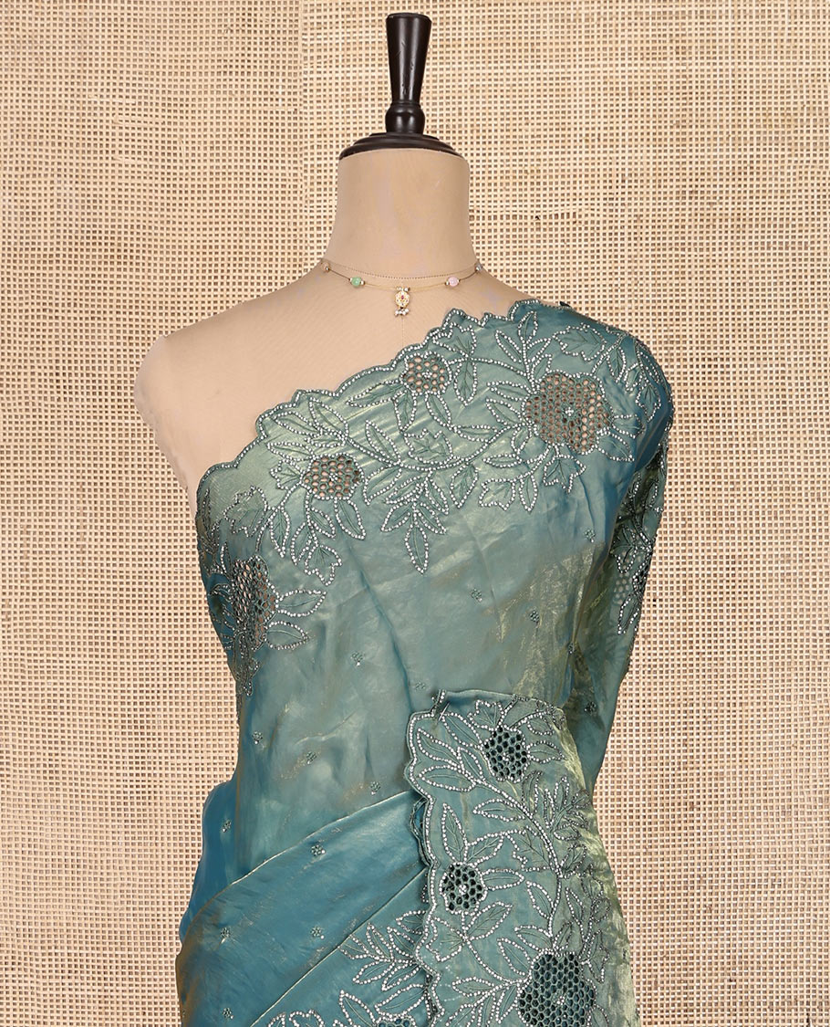Peacock Blue Designer Saree, Spotlighted with Stonework, Scallop-Cut Stonework Border, Self Pallu, and Matching Blouse