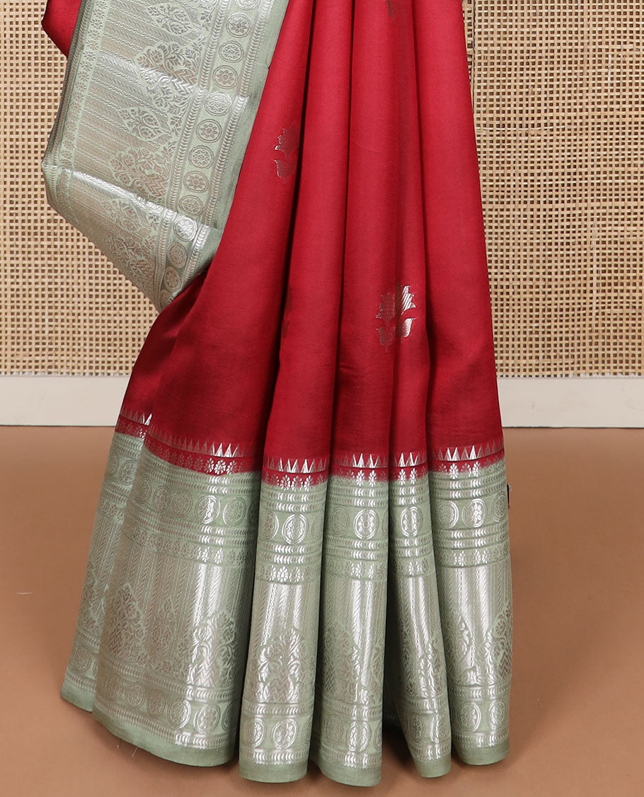 Red floral motifs raw mango silk saree with contrast floral zari design border & floral design pallu