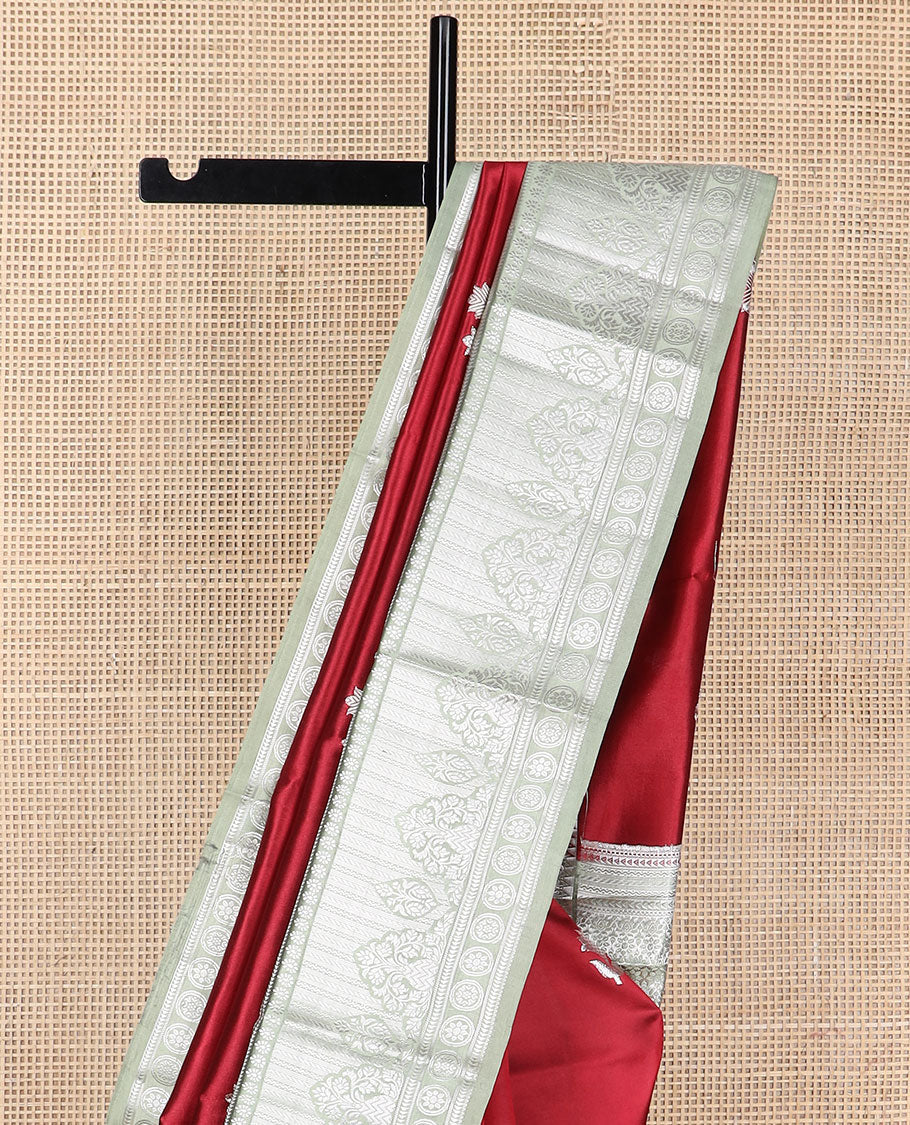 Red floral motifs raw mango silk saree with contrast floral zari design border & floral design pallu