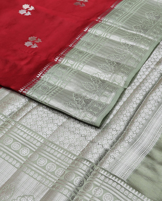 Red floral motifs raw mango silk saree with contrast floral zari design border & floral design pallu