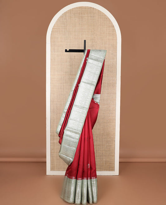 Red floral motifs raw mango silk saree with contrast floral zari design border & floral design pallu