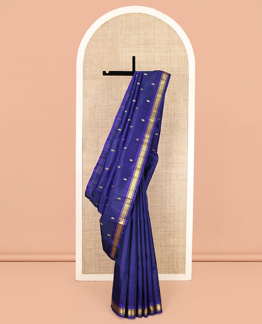 Blue Kanchipuram Silk Saree, Woven with Buttas, One-Sided Border of Banaras, and Jaal Designs, Zari Design Pallu, and No Blouse