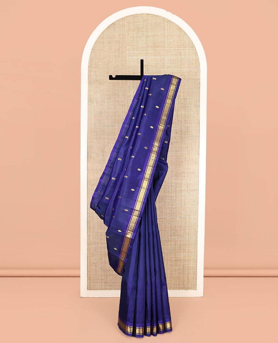 Blue Kanchipuram Silk Saree, Woven with Buttas, One-Sided Border of Banaras, and Jaal Designs, Zari Design Pallu, and No Blouse