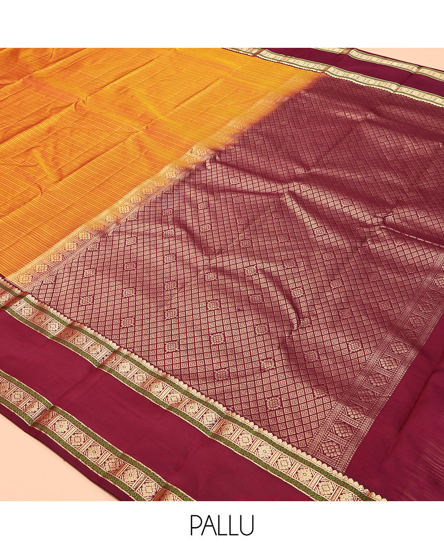 Mustard Striped Kanchipuram Silk Saree, a Contrast Rettai Pettu Border of Thilakam, Rudraksham, and Zari Designs, Intricate Pallu, and a Contrast Blouse