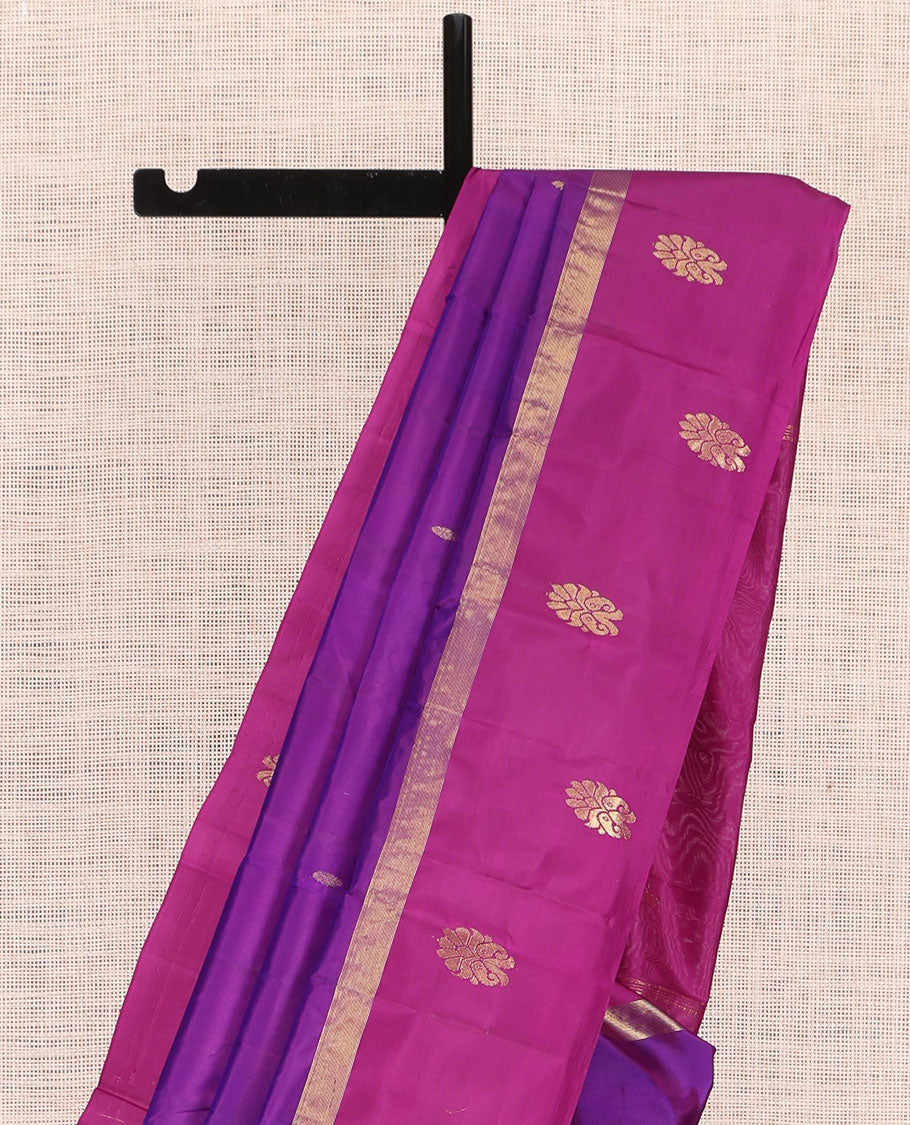 Purple Kanchipuram Silk Saree, Woven with Zari Buttas, a Contrast Zari Buttas Woven Border, Zari Design Pallu, and a Contrast Blouse