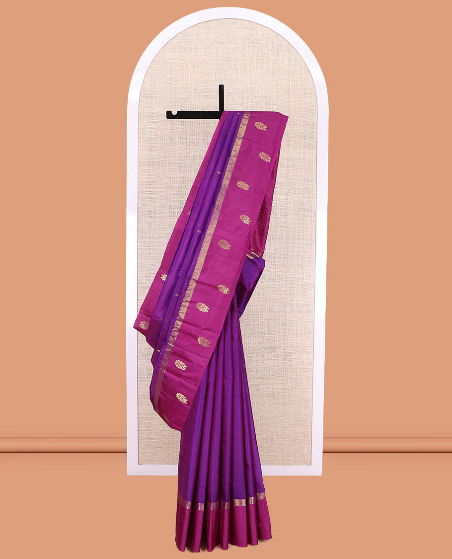 Purple Kanchipuram Silk Saree, Woven with Zari Buttas, a Contrast Zari Buttas Woven Border, Zari Design Pallu, and a Contrast Blouse