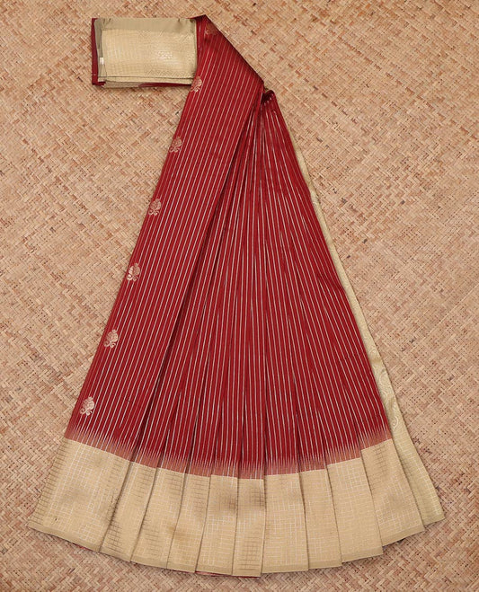 Maroon Litchi Saree, Gleamed Up with Zari Buttas and Stripes, a Contrast Zari Checked Border, Grand Pallu, and a Contrast Blouse