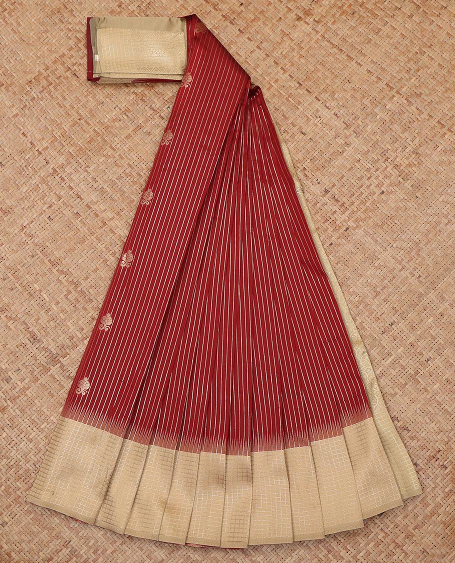 Maroon Litchi Saree, Gleamed Up with Zari Buttas and Stripes, a Contrast Zari Checked Border, Grand Pallu, and a Contrast Blouse