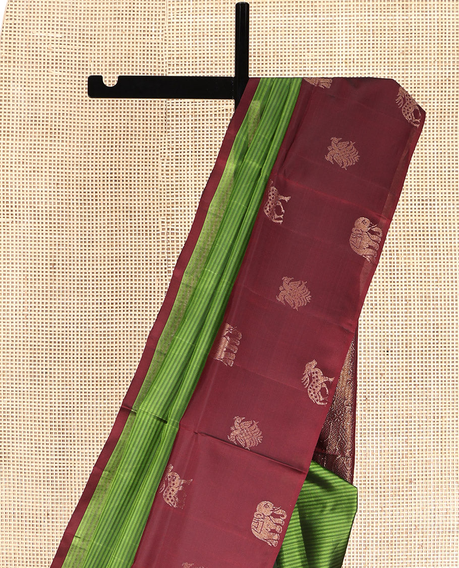 Green Mayuri Lite Silk Mix Saree, Finely Crafted with Vazhaipoo Stripes, Contrast Border of Gandaberunda, Yaanai, and Maan, Intricate Pallu, and a Contrast Blouse