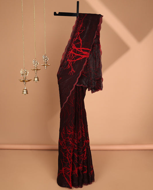 Red with maroon digital print, diamond work fendy satin saree with stone work border