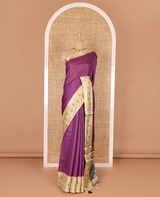 Purple gold zari checked katan silk saree with contrast traditional zari border of peacock print, peacock printed pallu, and contrast printed blouse