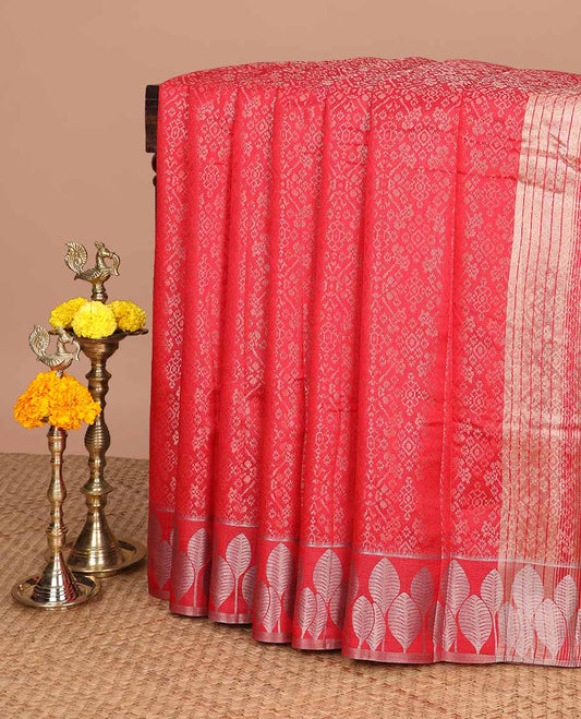 Red Jacqard weaving brocade design semi tussar saree with gold zari leaf border & cheer pallu