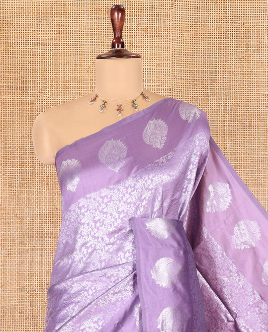 Lavender Art Kanchi Silk Saree Features Jacquard Design, a Zari-Motif Border, Contrast Intricate Pallu, and a Contrast Blouse