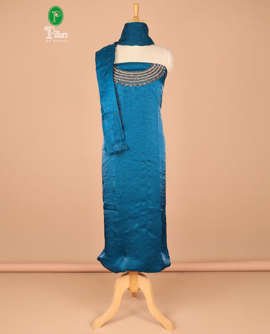 Blue Fendy organza jewellery design antique gold handwork chudidhar matrial set top with santoon with lining pant & one side hanwork dupatta