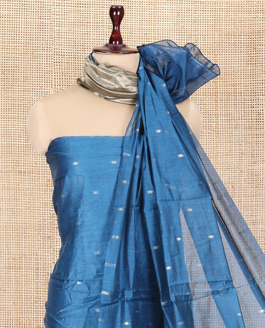 Firozi Blue Banarasi Chanderi Material Churidar, Beautified with Buttas Top, a Plain Bottom, and a Matching Dupatta