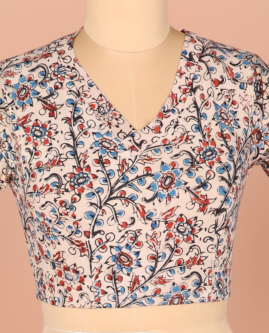 Multi-Color Readymade Blouse Gracefully Decked Up with Floral Vine Prints, Featuring a Front V-Neck, a Back Closed Neck, and Full Sleeves
