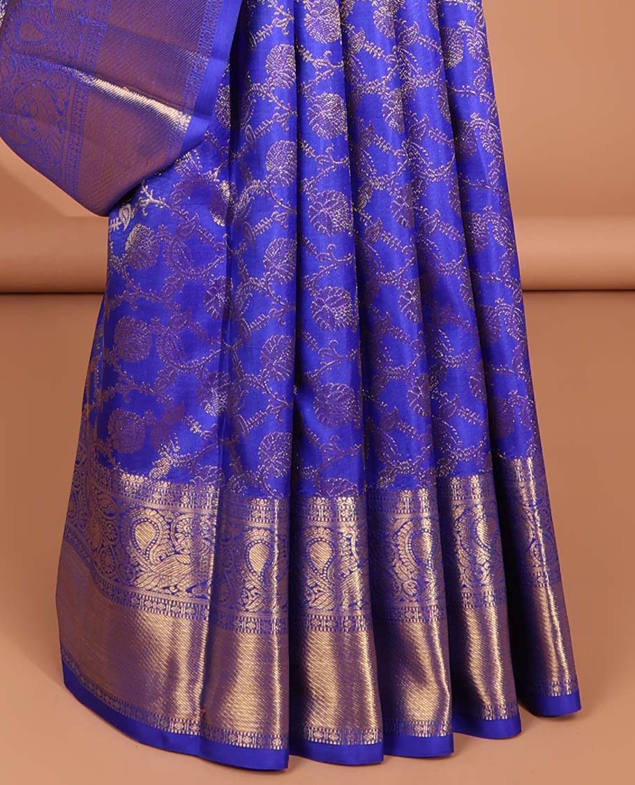 Blue floral jacquard samudrika silk saree with self intricate zari design border & zari design pallu
