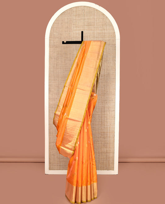Orange Venkatagiri Silk Saree, Showcasing Zari Buttas All Over Its Body, Complemented by a Contrast Zari Border, Pallu of Zari Designs, and Paired with a Contrast Blouse