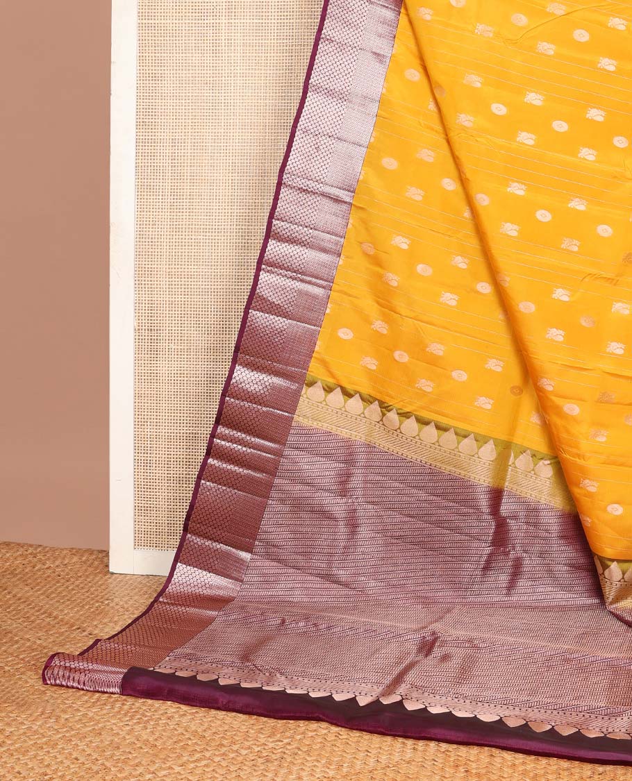 Yellow annam chakram buttas Vasundhara silk mix saree, contrast vanki & thilakam border & pallu of geometric designs