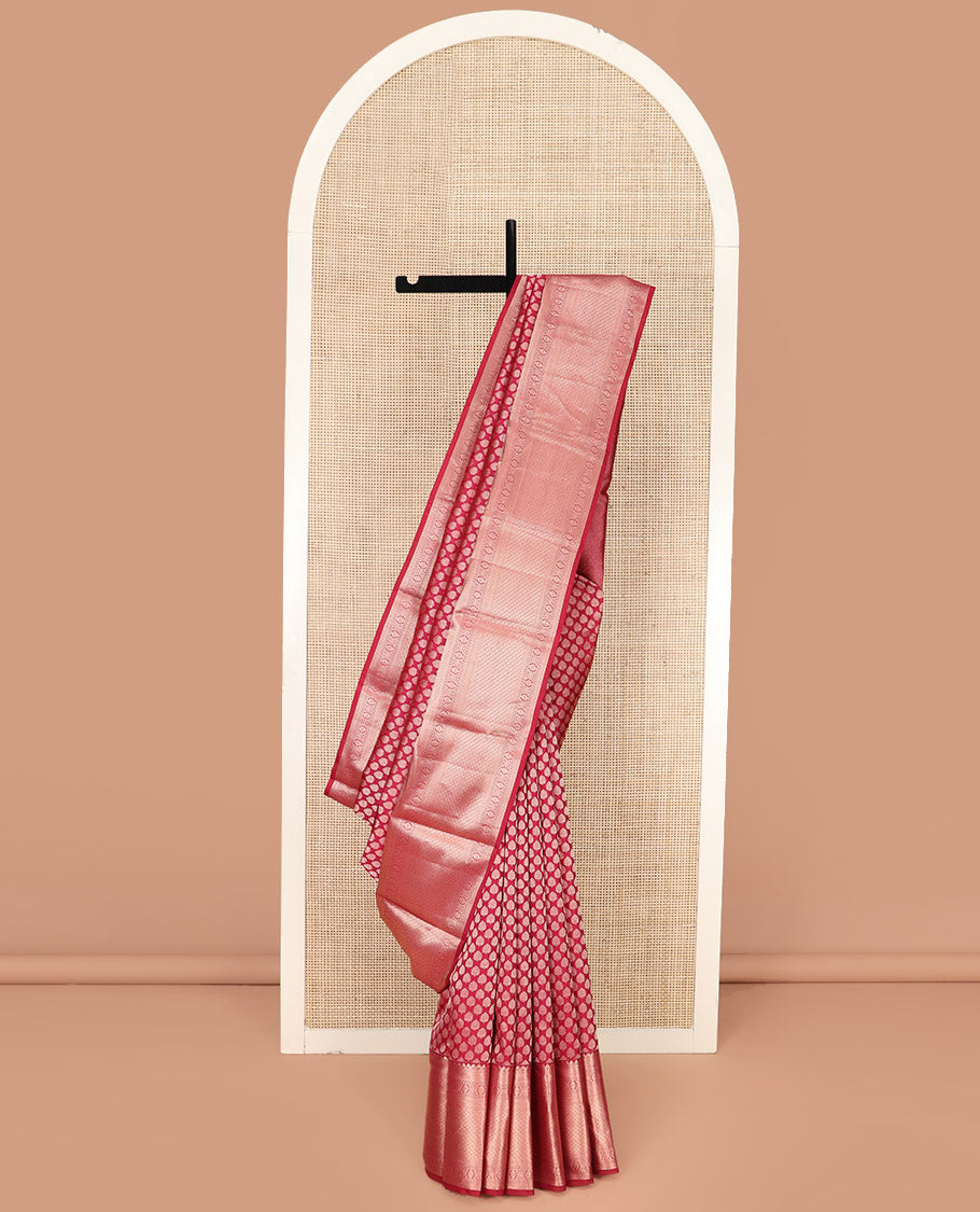 Red Kanchipuram Wedding Silk Saree Richly Detailed with Zari Buttas, Highlighted with Zari Border of Poun, Kathir, Neli, Kamalam, Diamond, Manga, and Mayil Kann Designs, Grandly Zari-Woven Jaal Pallu, and Paired with a Matching Blouse