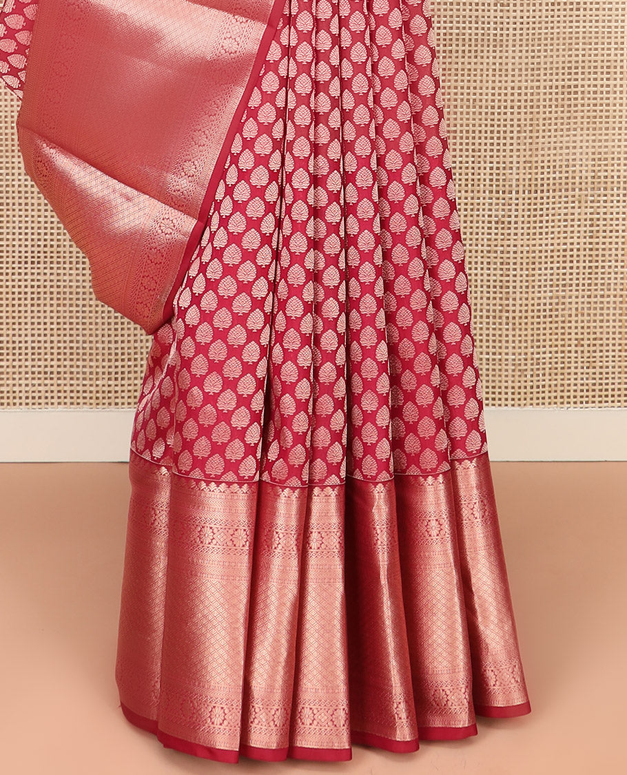 Red Kanchipuram Wedding Silk Saree Richly Detailed with Zari Buttas, Highlighted with Zari Border of Poun, Kathir, Neli, Kamalam, Diamond, Manga, and Mayil Kann Designs, Grandly Zari-Woven Jaal Pallu, and Paired with a Matching Blouse