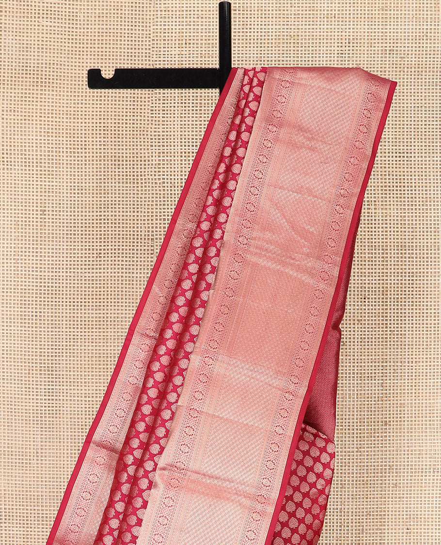 Red Kanchipuram Wedding Silk Saree Richly Detailed with Zari Buttas, Highlighted with Zari Border of Poun, Kathir, Neli, Kamalam, Diamond, Manga, and Mayil Kann Designs, Grandly Zari-Woven Jaal Pallu, and Paired with a Matching Blouse
