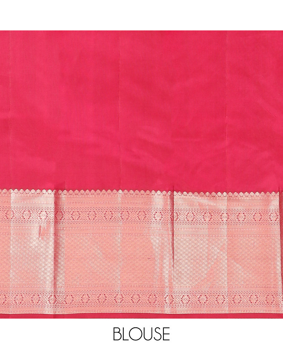 Red Kanchipuram Wedding Silk Saree Richly Detailed with Zari Buttas, Highlighted with Zari Border of Poun, Kathir, Neli, Kamalam, Diamond, Manga, and Mayil Kann Designs, Grandly Zari-Woven Jaal Pallu, and Paired with a Matching Blouse