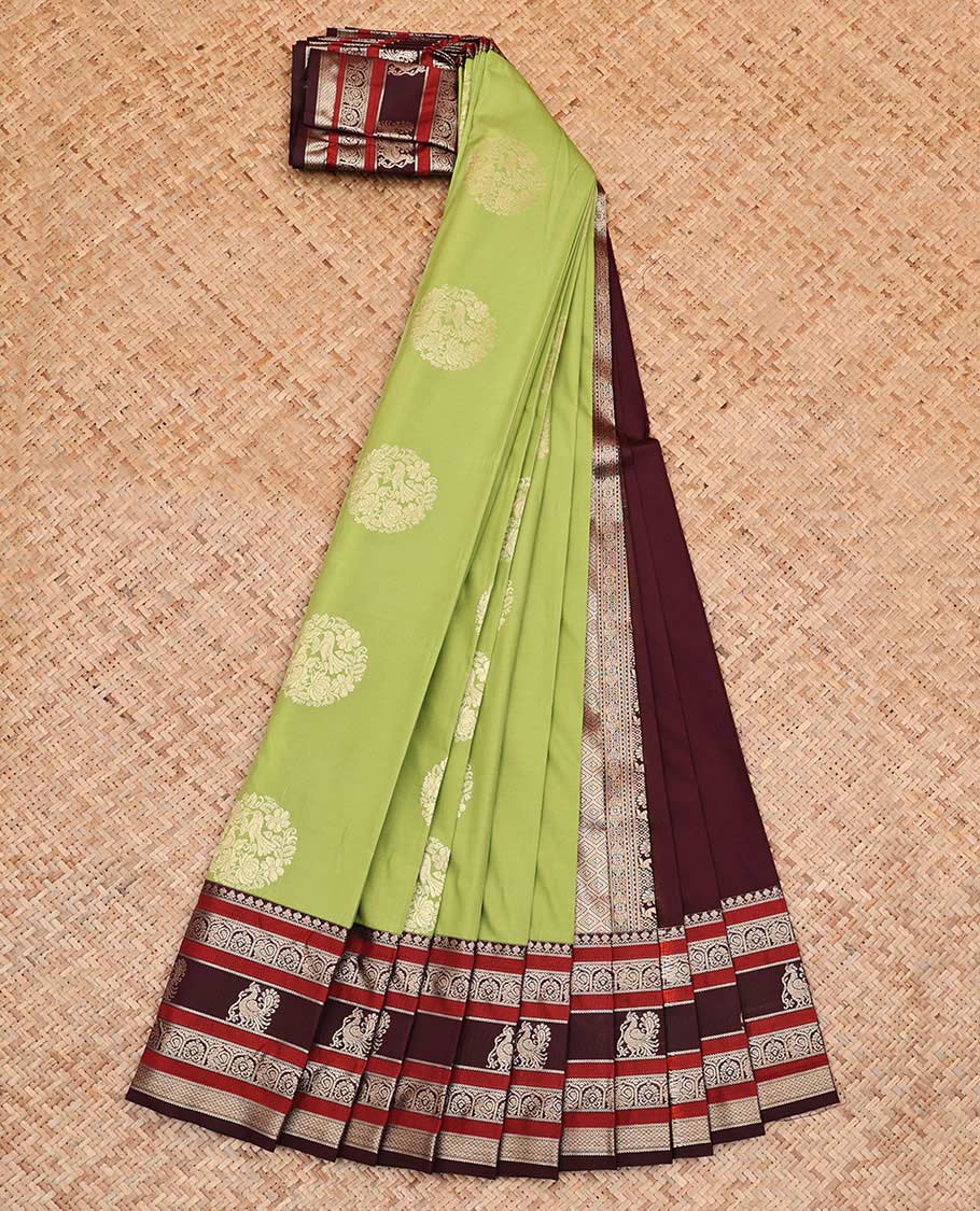 Green Budget Silk Saree, Embellished with Round Zari Buttas All Over Its Body, Complemented by Contrast Traditional Zari Designs Woven Border, Grand Jaal Pallu and Paired with a Contrast Blouse