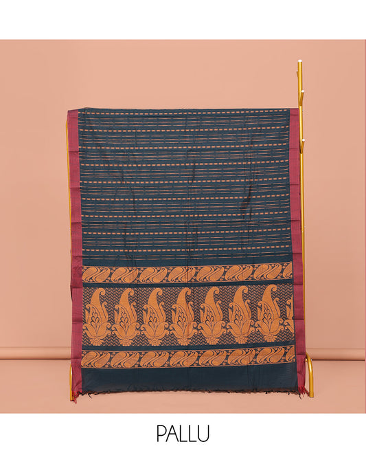 Blue Kanchi Cotton Saree, Accentuated With Stripes and Square Buttas All Over Its Body, Complemented by Contrast Border, Pallu of Paisleys, and Paired with a Matching Blouse