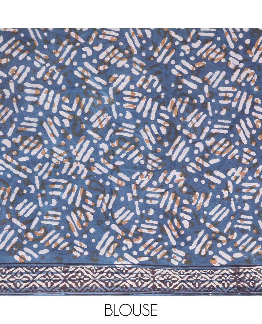 Blue floral design mul mul cotton saree with self geometric design border & floral design pallu