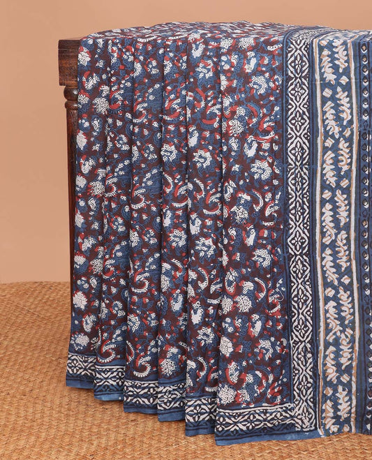 Blue floral design mul mul cotton saree with self geometric design border & floral design pallu
