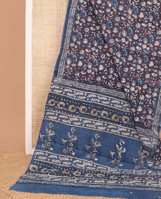 Blue floral design mul mul cotton saree with self geometric design border & floral design pallu