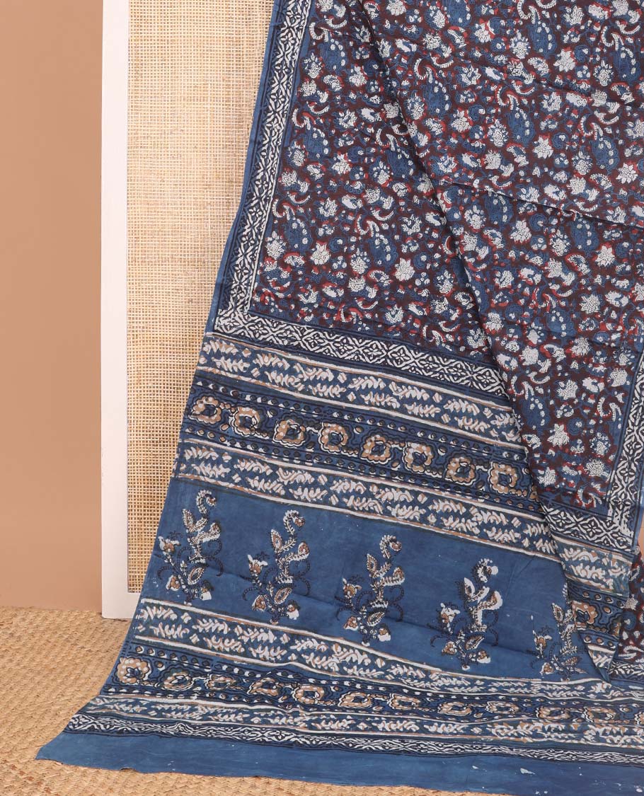 Blue floral design mul mul cotton saree with self geometric design border & floral design pallu