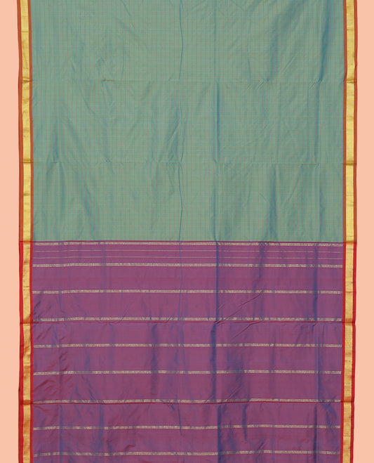 Blue Checked Nine-Yard Saree, Complemented by a Contrast Zari Traditional Border, Contrast Pallu of Stripes, and No Blouse
