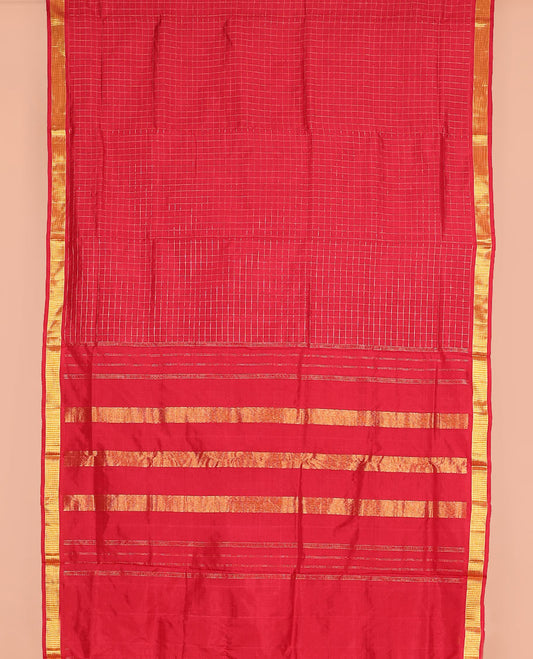 Red Muthu zari checked nine-yard silk saree, zari Muthu design border, and pallu of zari designs