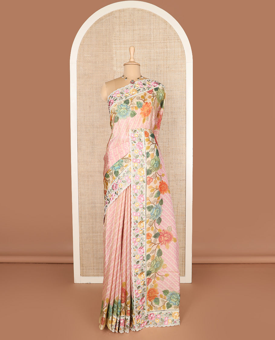 Pink buttas with bandhani and floral printed dola silk saree, contrast floral embroidered scallop border