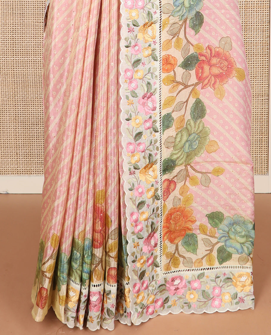 Pink buttas with bandhani and floral printed dola silk saree, contrast floral embroidered scallop border