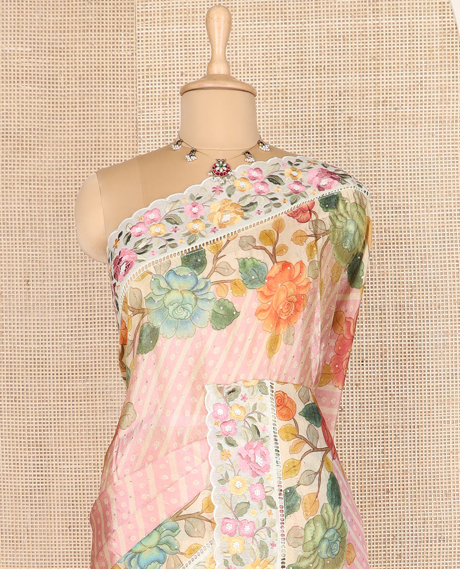 Pink buttas with bandhani and floral printed dola silk saree, contrast floral embroidered scallop border