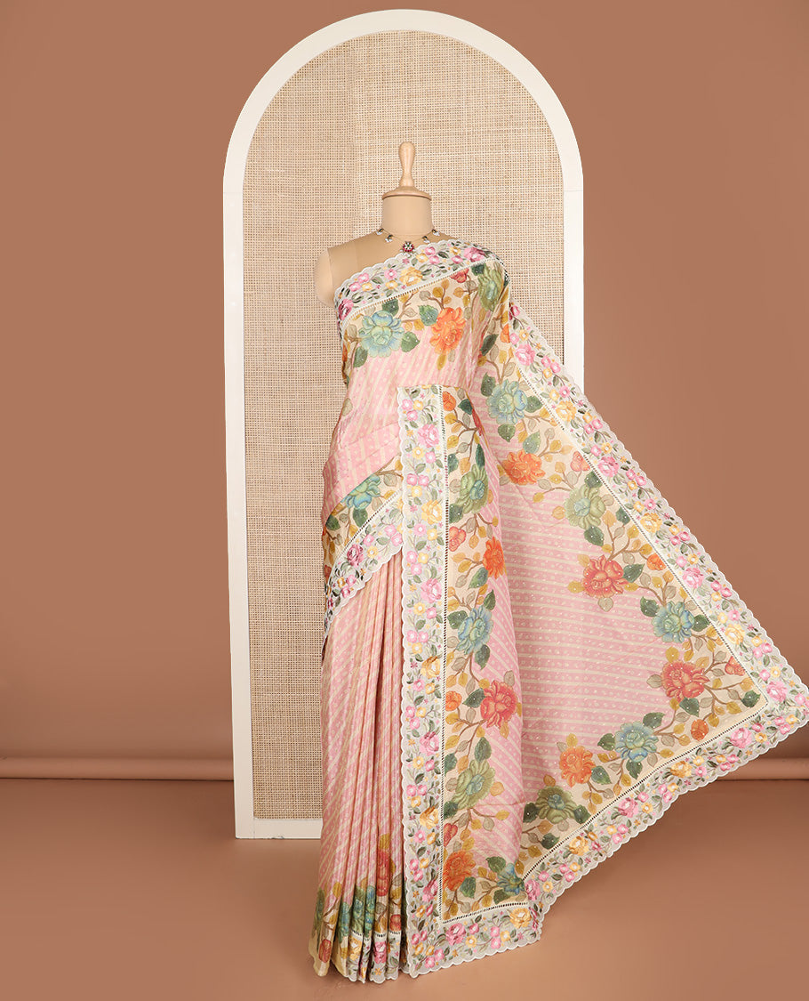 Pink buttas with bandhani and floral printed dola silk saree, contrast floral embroidered scallop border