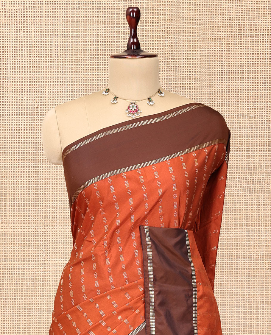 Orange Arani Saree Features Zari Buttas, a Contrast Rettai Pettu Border, Pallu of Zari Designs, and a Matching Blouse