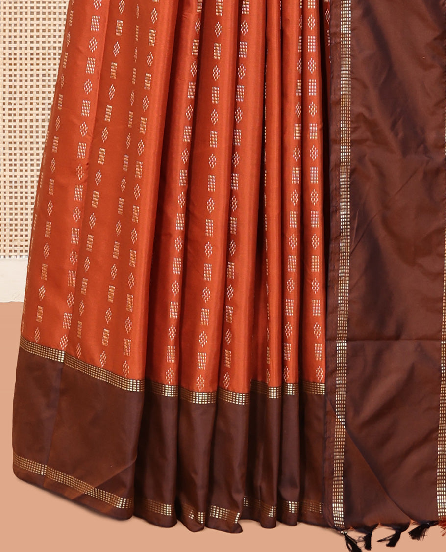 Orange Arani Saree Features Zari Buttas, a Contrast Rettai Pettu Border, Pallu of Zari Designs, and a Matching Blouse