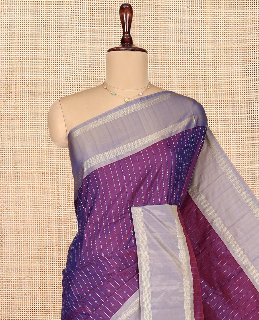 Purple Aarani Gift Saree, Elevated with Stripes on Its Body, Complemented by a Contrast Rettai Pettu Striped Border, Subtle Striped Pallu, and Paired with a Matching Blouse