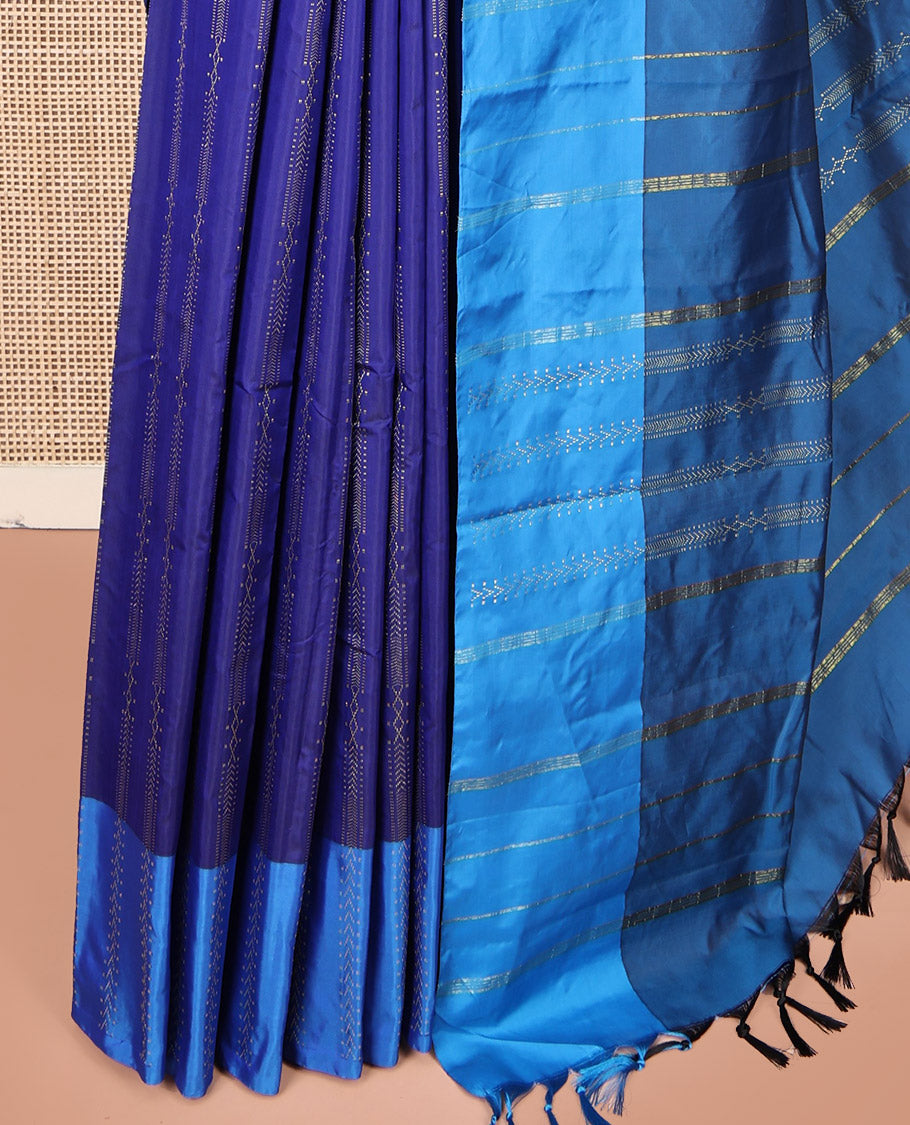 Blue Aarani Gift Saree, Elevated with Zari Stripes on Its Body, Complemented by a Contrast Border, a Pallu of Stripes, and Paired with a Contrast Blouse